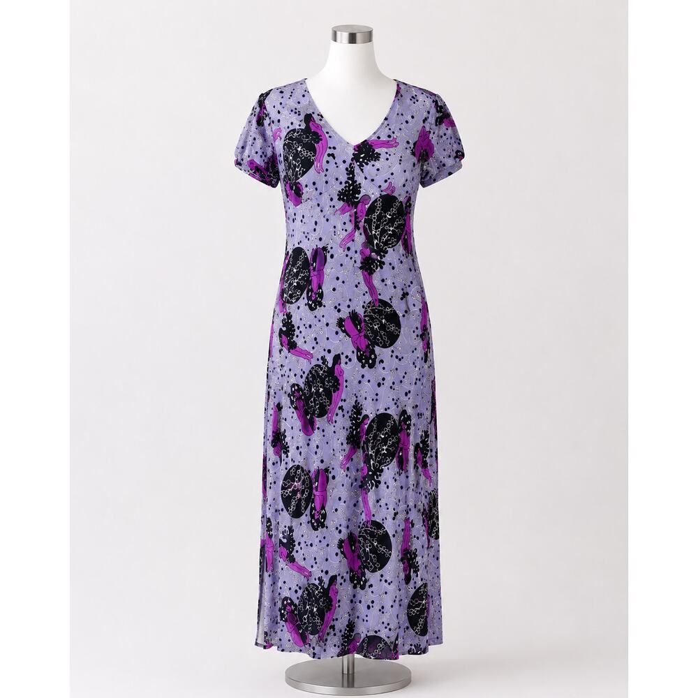 Vintage 70s Maxi Dress Sea Siren Print Purple Black Sexy Fit Side Slits Maxi - Picture 2 of 10